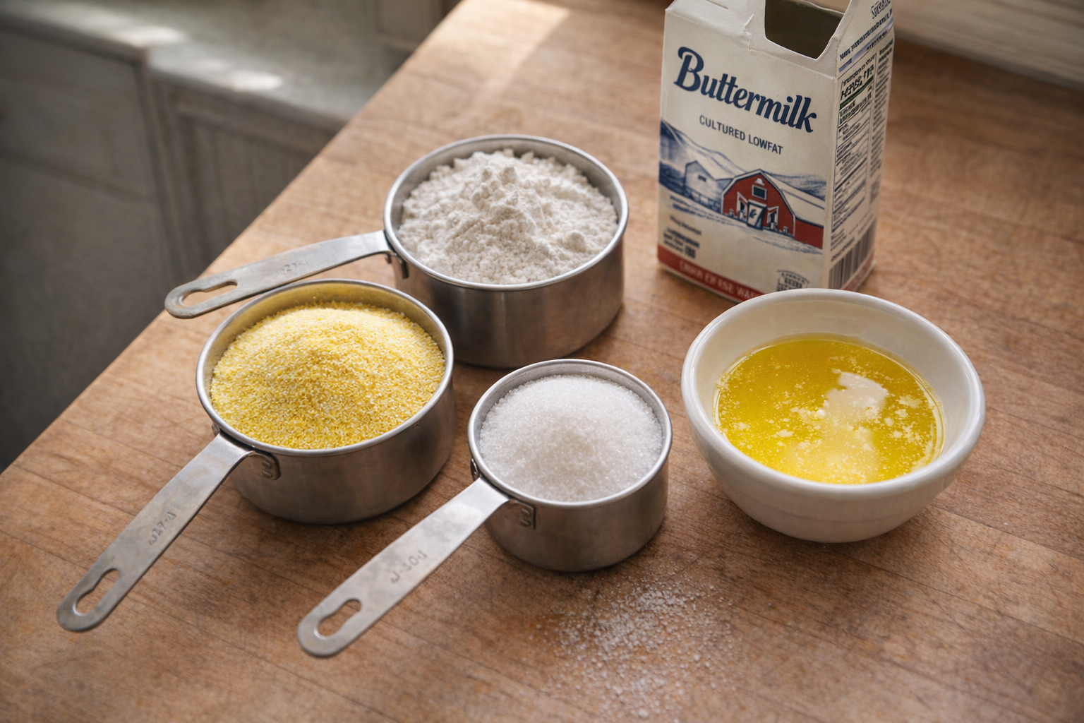 A high-angle shot of measuring cups filled with yellow cornmeal, all-purpose flour, and granulated sugar, alongside a bowl of melted butter and a carton of buttermilk, bright natural lighting